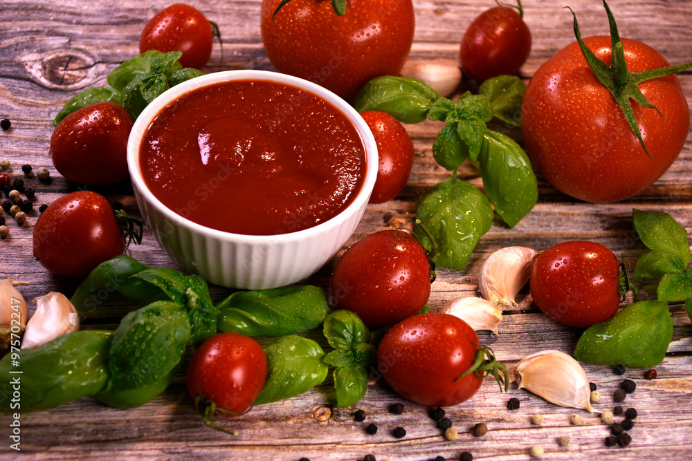 ingredients for making ketchup. ketchup in a white bowl on the table with tomatoes and basil. ingredients for making ketchup. ketchup in a white bowl on the table with tomatoes and basil.