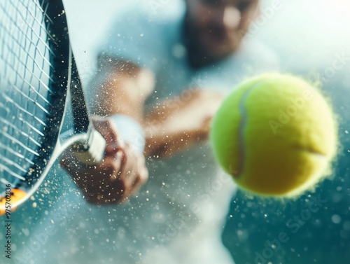 Close-up photo of a male tennis player hitting a ball with a rocket, focus on the ball, blurred background