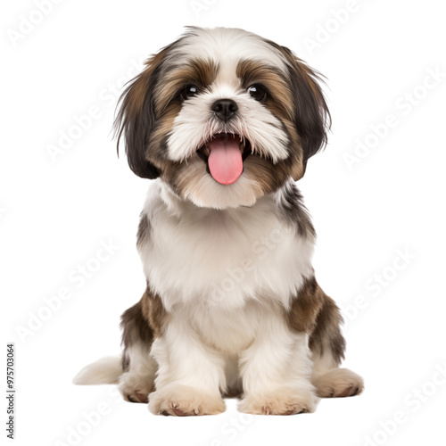 Cute Shih Tzu Puppy Sitting with Tongue Out in Studio Portrait