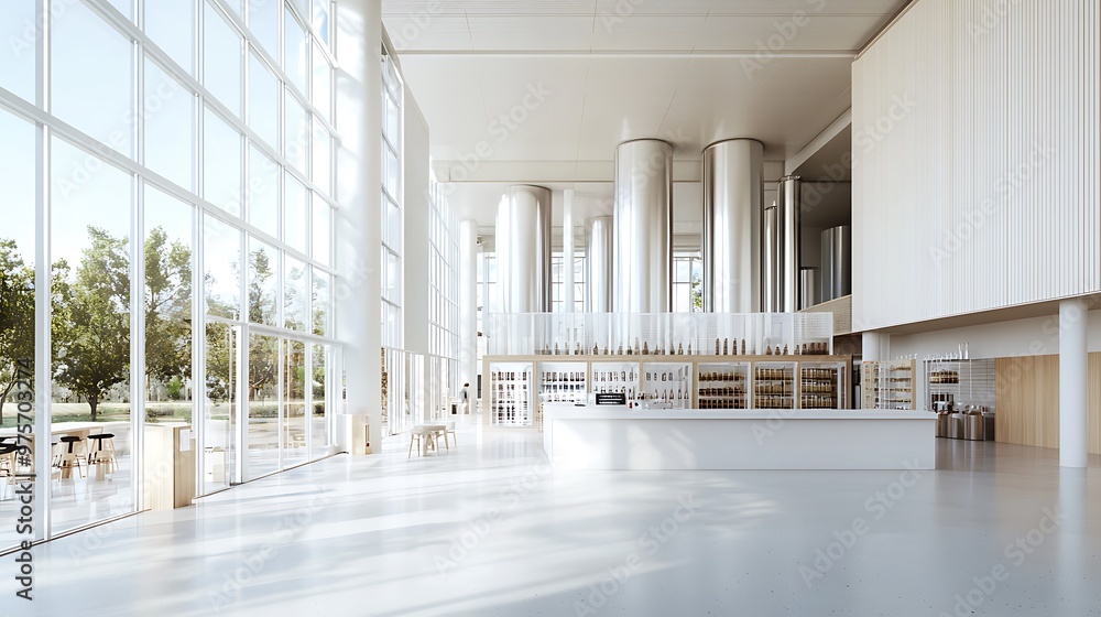 Obraz premium A modern brewery with transparent fermentation tanks and holographic tasting rooms, crafting unique flavors