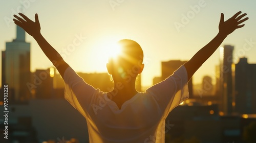 Cancer survivor leaving hospital at sunrise photo