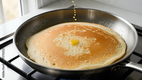 Title: A Golden Brown Pancake Sizzles in a Well-Seasoned Pan