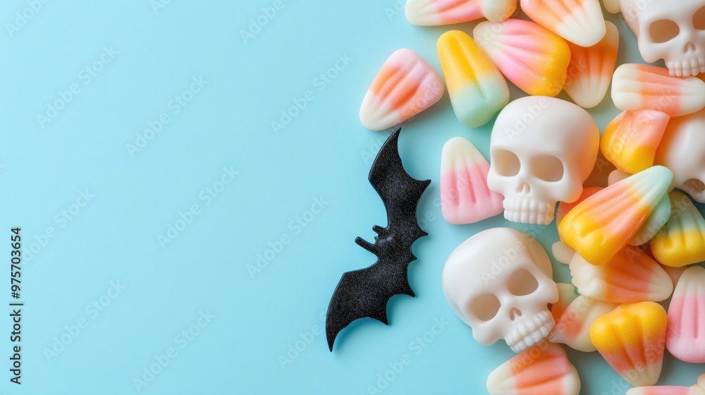 Pastel Halloween Candies with Skulls and Bats on Blue Background Pastel Halloween Candies with Skulls and Bats on Blue Background
