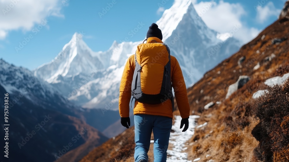 Minimalist hiker walking on remote mountain path Minimalist hiker walking on remote mountain path