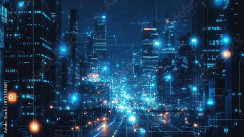 Wallpaper Mural A futuristic cityscape with glowing blue digital lines and data streams, representing the convergence of technology and urban living. Torontodigital.ca