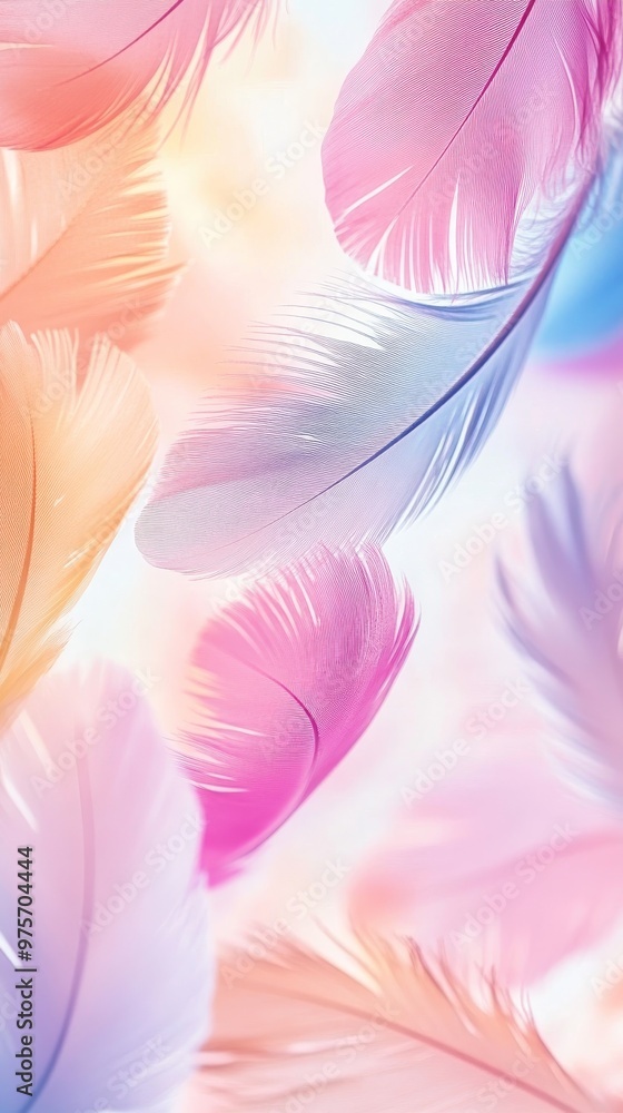 Fototapeta premium Colorful feather pattern on a soft background, artistic and calming design concept