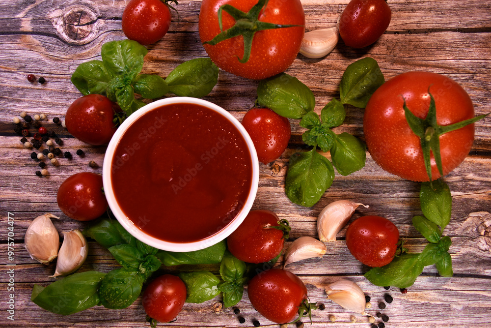 ingredients for making ketchup. ketchup in a white bowl on the table with tomatoes and basil. ingredients for making ketchup. ketchup in a white bowl on the table with tomatoes and basil.