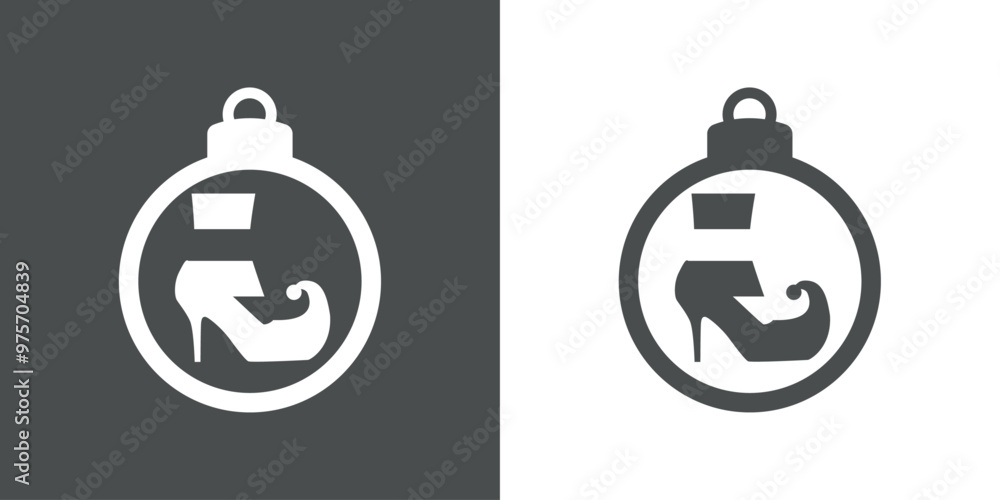 Tiempo de Navidad. Logo con silueta de bola de navidad con zapato de mujer de tacón alto de elfo de Santa Claus para tarjetas y felicitaciones Tiempo de Navidad. Logo con silueta de bola de navidad con zapato de mujer de tacón alto de elfo de Santa Claus para tarjetas y felicitaciones