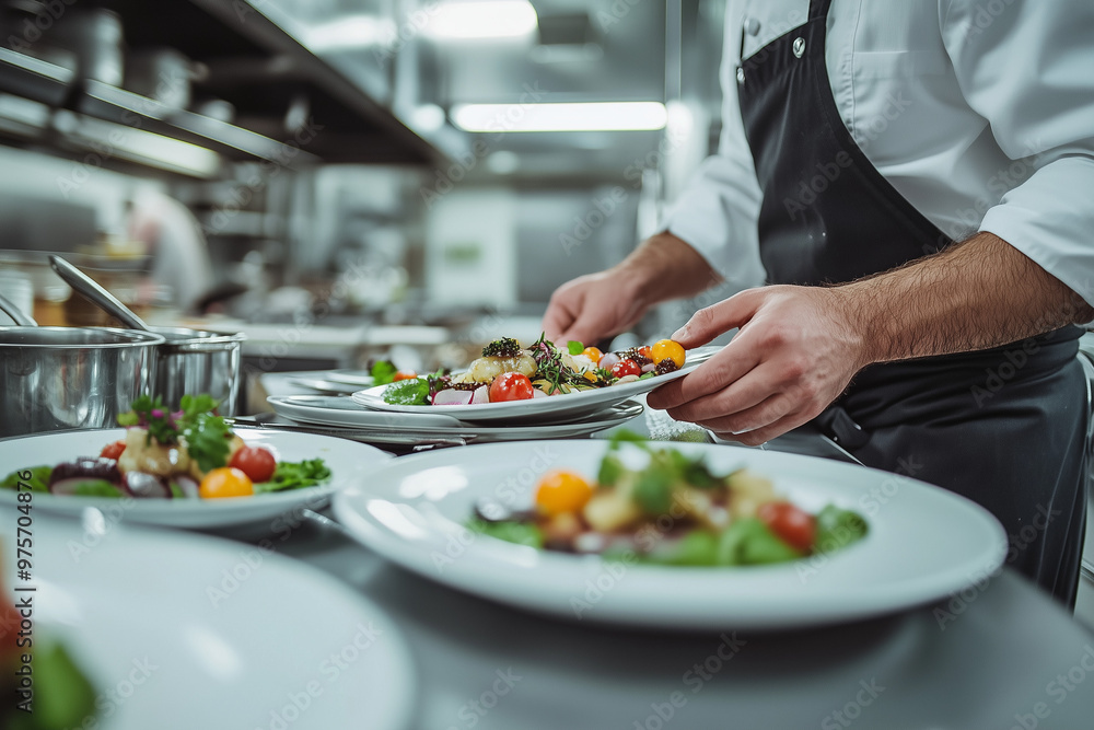 Chef carefully plating a gourmet dish with vibrant vegetables and herbs in a professional kitchen, showcasing culinary artistry Chef carefully plating a gourmet dish with vibrant vegetables and herbs in a professional kitchen, showcasing culinary artistry