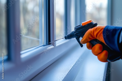 Close-up of a worker using a drill for window installation, highlighting precision and craftsmanship in home improvement projects