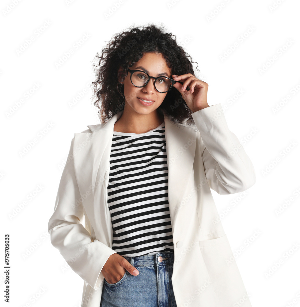 Beautiful woman in stylish jacket on white background Beautiful woman in stylish jacket on white background