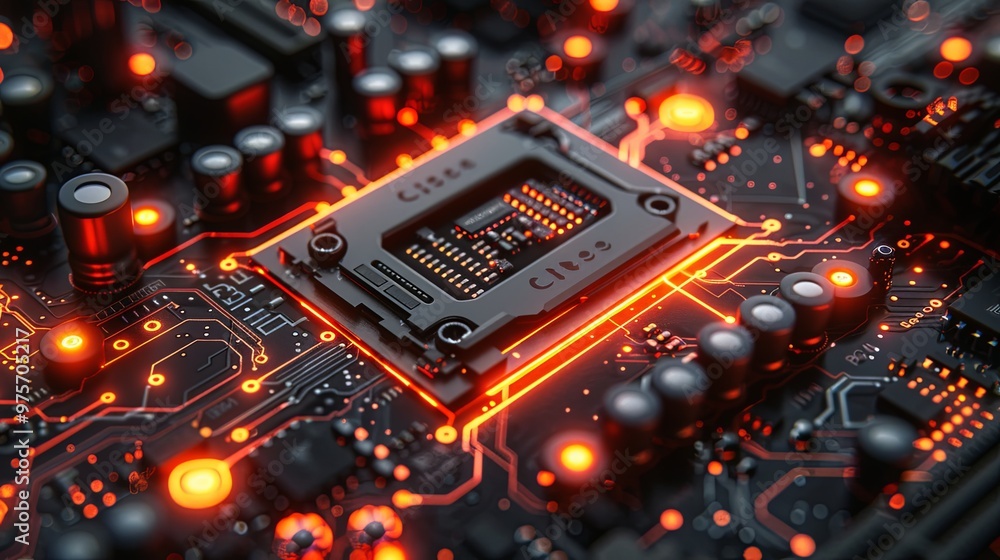 3D rendering abstract isometric clean render of luminescent processor, integrated circuit and motherboard with coils and capacitors, printed circuit board in cyberpunk colors 3D rendering abstract isometric clean render of luminescent processor, integrated circuit and motherboard with coils and capacitors, printed circuit board in cyberpunk colors