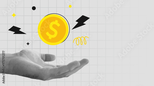 Retro collage. Hand hold money. Income or investment concept.