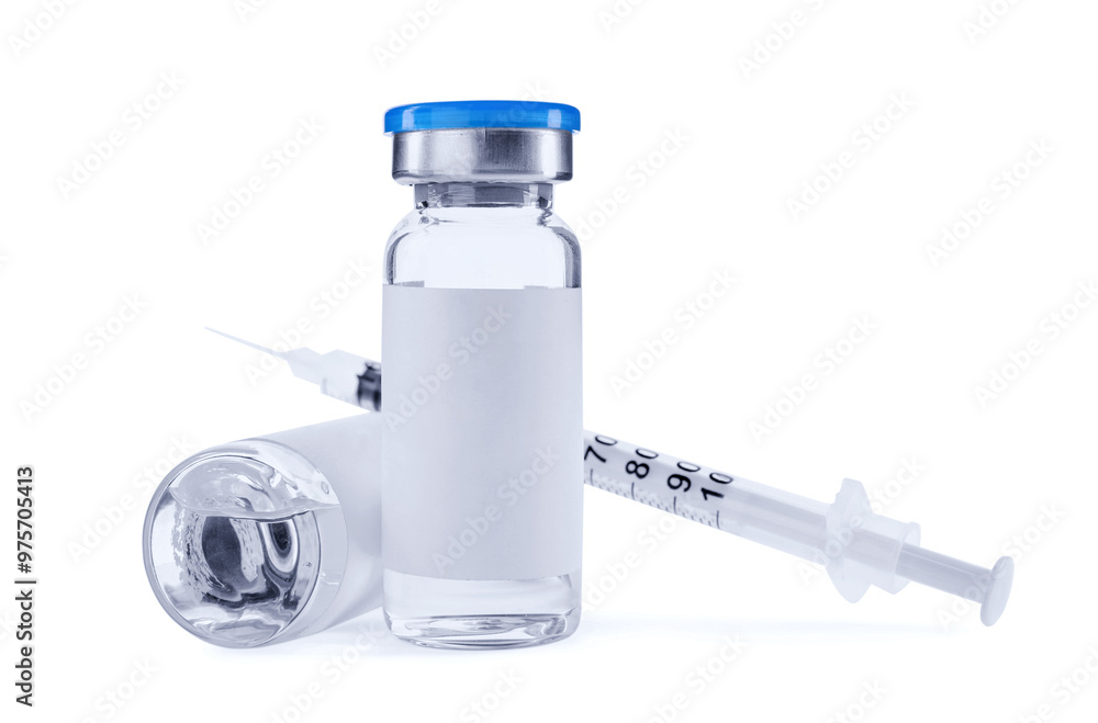Medication in glass vials and syringe on white background