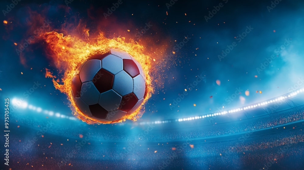 Naklejka premium A football engulfed in fire soaring over a packed stadium, with the crowded energy visible and the stadium lights casting a dramatic glow against the night sky. 
