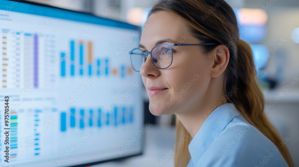 Focused businesswoman wearing glasses analyzing data on a computer screen in an office environment. Focused businesswoman wearing glasses analyzing data on a computer screen in an office environment.