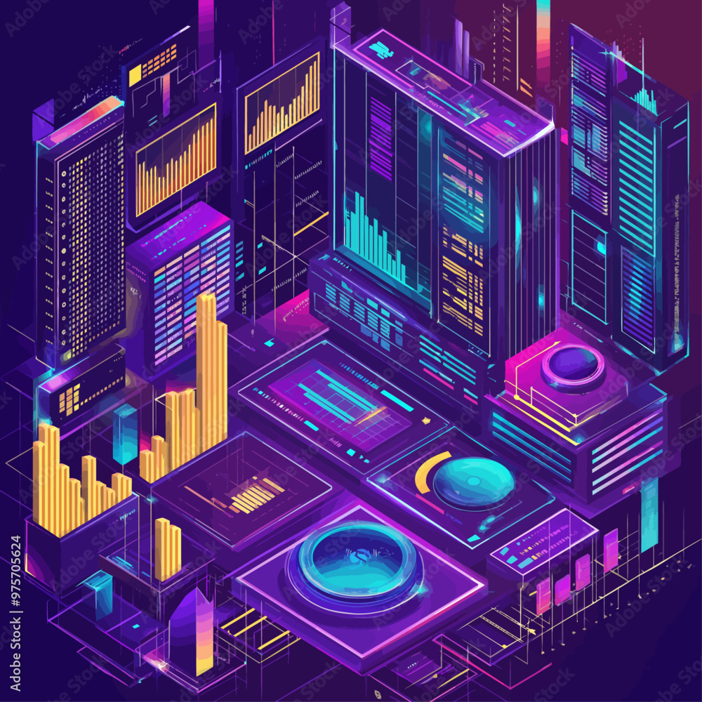 Isometric Virtual Stock Exchange Trading Concept Isometric Virtual Stock Exchange Trading Concept