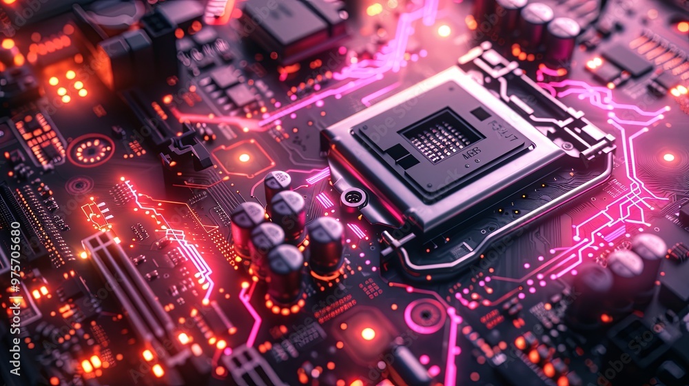 3D rendering abstract isometric clean render of luminescent processor, integrated circuit and motherboard with coils and capacitors, printed circuit board in cyberpunk colors 3D rendering abstract isometric clean render of luminescent processor, integrated circuit and motherboard with coils and capacitors, printed circuit board in cyberpunk colors