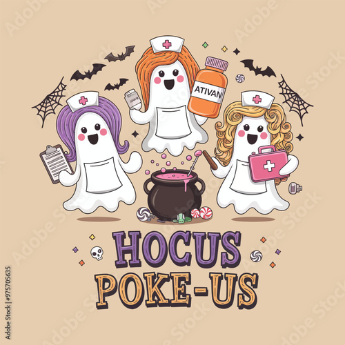 An illustration of three cute ghost figures dressed as nurses.