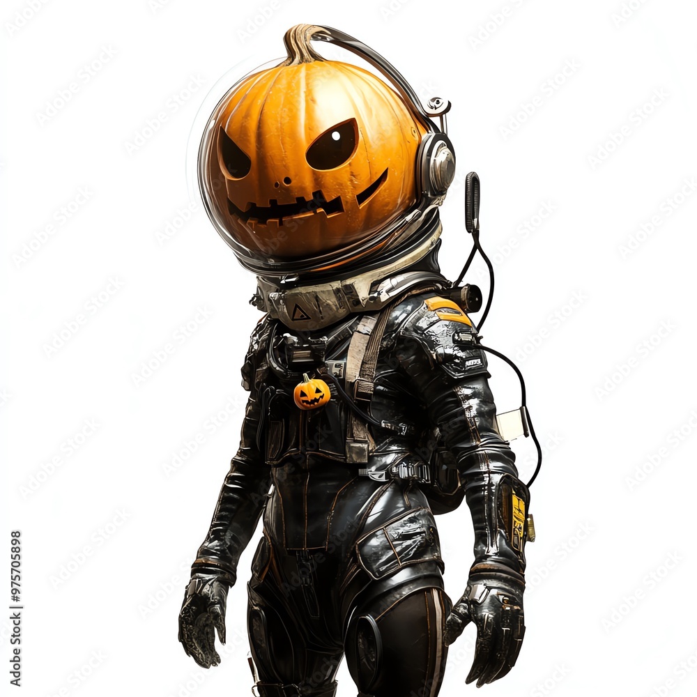 A spooky alien with a pumpkin head, Halloween theme, futuristic space suit, isolated on white background A spooky alien with a pumpkin head, Halloween theme, futuristic space suit, isolated on white background