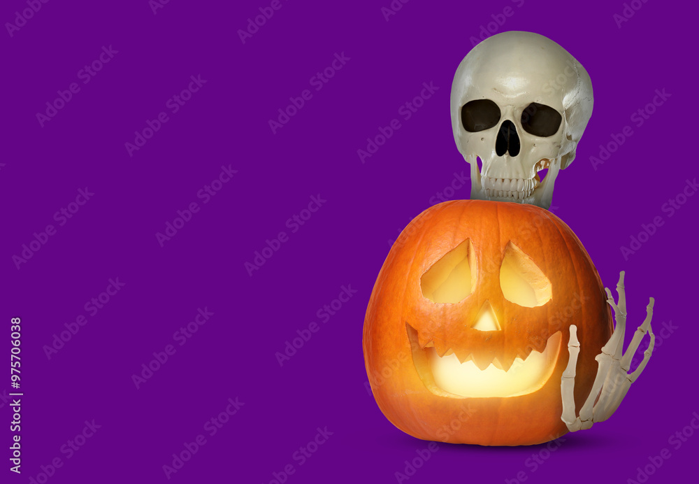 Scary skeleton touching spooky jack o'lantern on purple background, space for text. Halloween celebration Scary skeleton touching spooky jack o'lantern on purple background, space for text. Halloween celebration