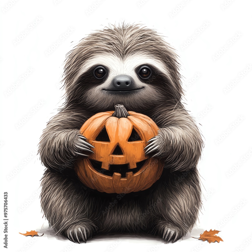 Fototapeta premium A Halloween sloth holding a jack-o'-lantern, sleepy expression, dark and eerie tones, isolated on white background