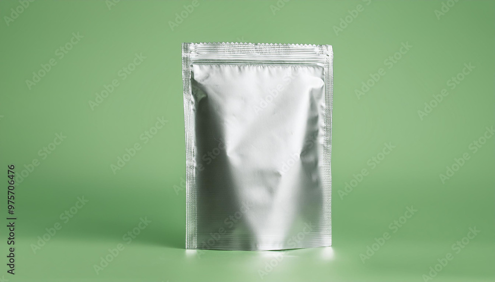 Minimalist foil doy pack with zipper against soft green background. Blank packaging. Mock-up Minimalist foil doy pack with zipper against soft green background. Blank packaging. Mock-up