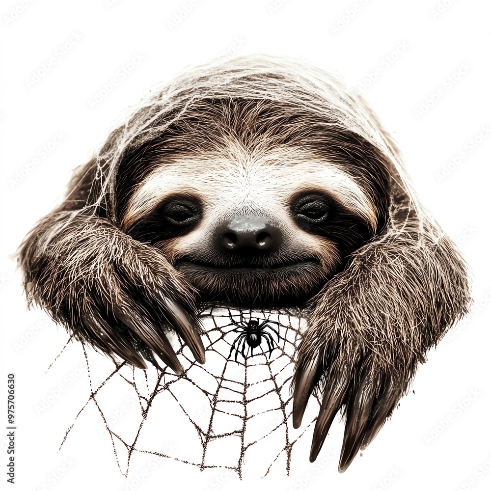 Fototapeta premium A Halloween sloth with a spider web, sleepy and spooky, dark tones, isolated on white background