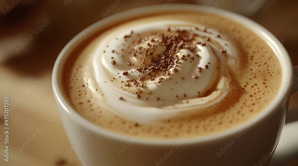 Close Up Of Creamy Latte With Chocolate Shavings Close Up Of Creamy Latte With Chocolate Shavings