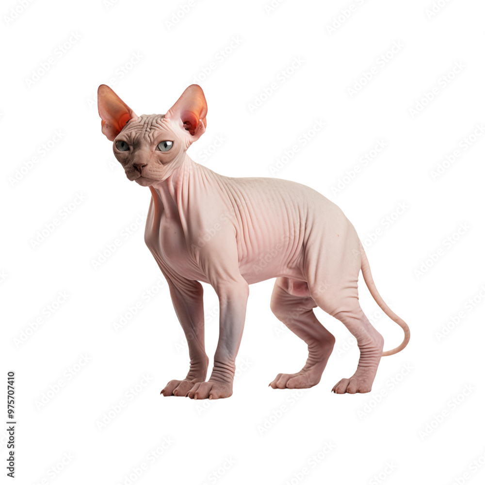Fototapeta premium Hairless Sphynx Cat Standing On Transparent Background With Wrinkled Skin