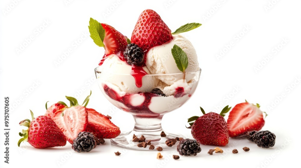 Delicious strawberry and berry ice cream sundae with fresh berries on a white background, perfect for summer desserts and food photography. Delicious strawberry and berry ice cream sundae with fresh berries on a white background, perfect for summer desserts and food photography.