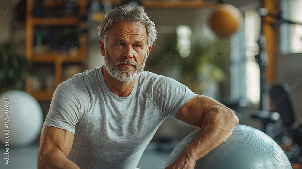 A senior man engages in balance exercises using a stability ball in a bright fitness center, focusing intently on his workout routine. A senior man engages in balance exercises using a stability ball in a bright fitness center, focusing intently on his workout routine.
