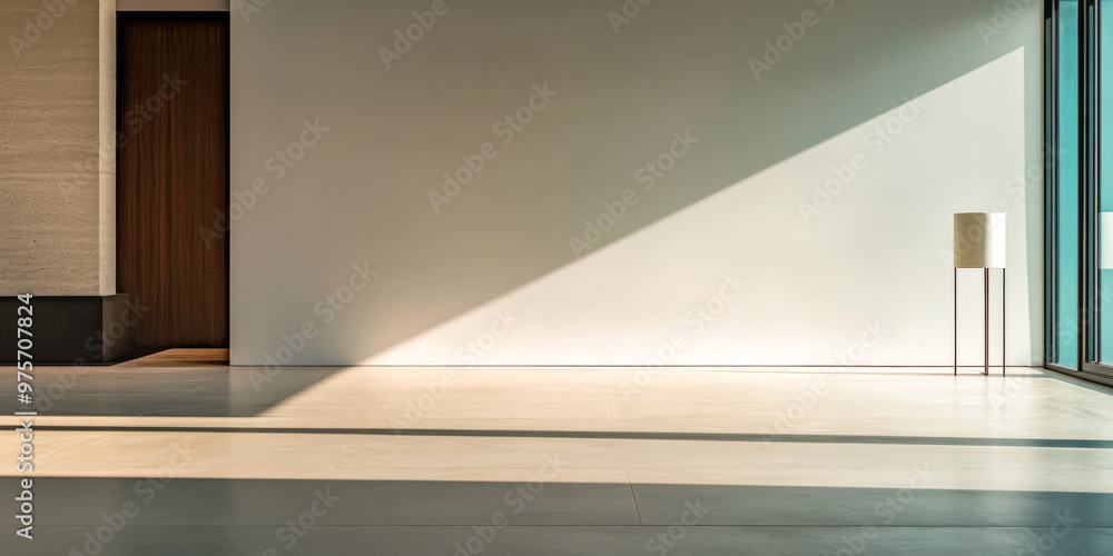 Fototapeta premium Minimalist empty room interiors with minimal furniture or decor, ample blank copyspace and daylight. Residential interior design.