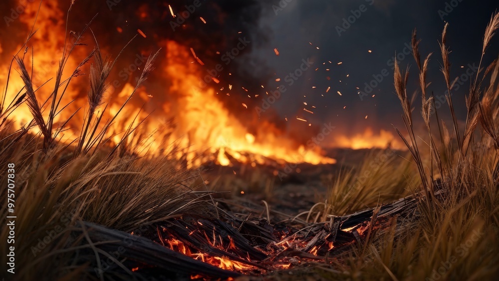 A fire in the steppe, burning grass, destroying everything in its path. A fire in the steppe, burning grass, destroying everything in its path.