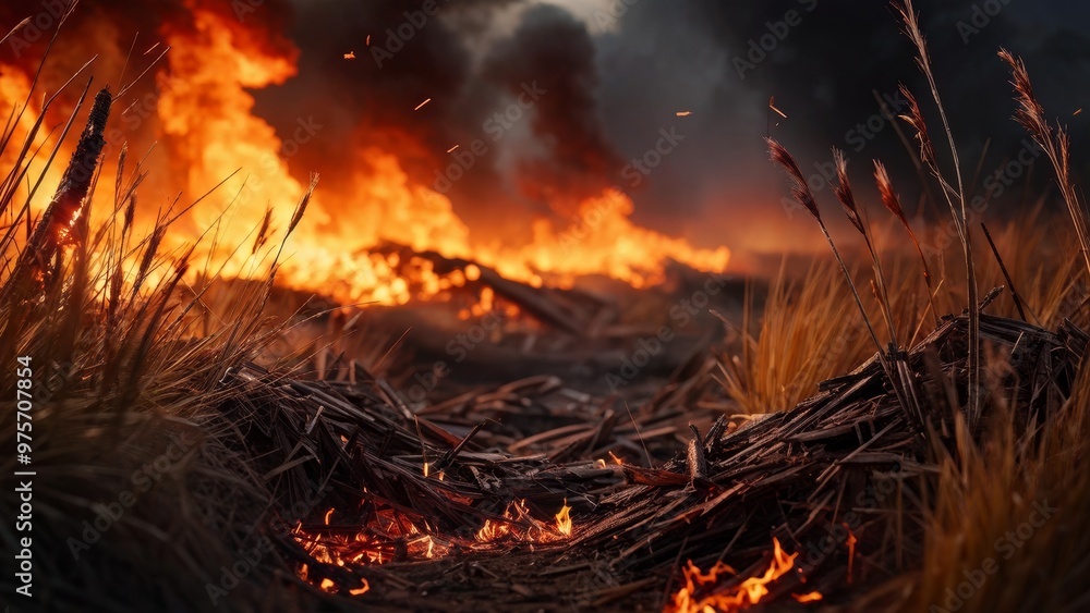 A fire in the steppe, burning grass, destroying everything in its path. A fire in the steppe, burning grass, destroying everything in its path.