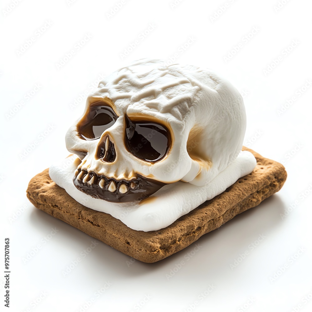 Naklejka premium A spooky s'more with a marshmallow skull, Halloween theme, eerie and dark, isolated on white background