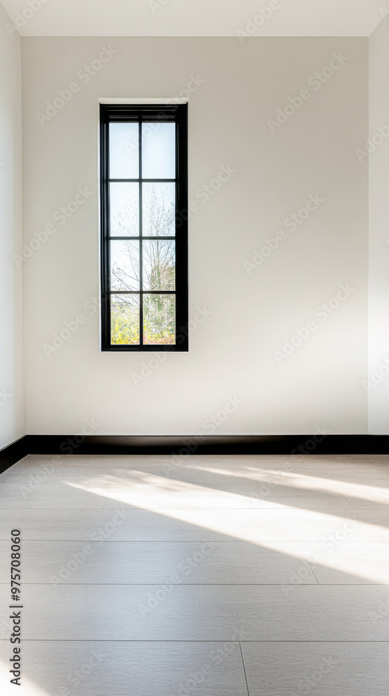 Fototapeta premium Minimalist empty room interiors with minimal furniture or decor, ample blank copyspace and daylight. Residential interior design.