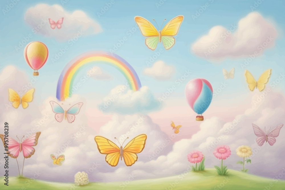 Whimsical butterflies rainbow balloons clouds Whimsical butterflies rainbow balloons clouds