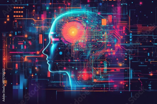 Colorful digital illustration of a human head profile with intricate circuitry and data patterns.