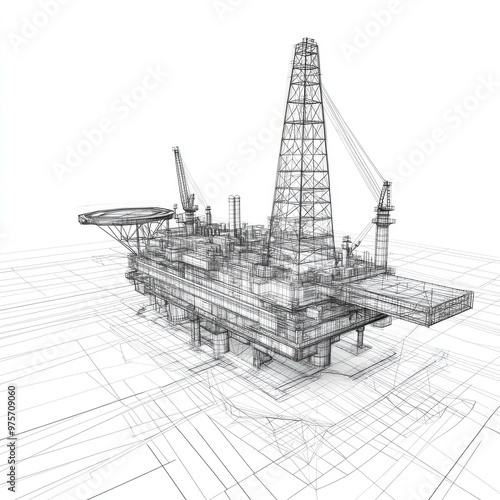 Wireframe illustration of an offshore oil rig.