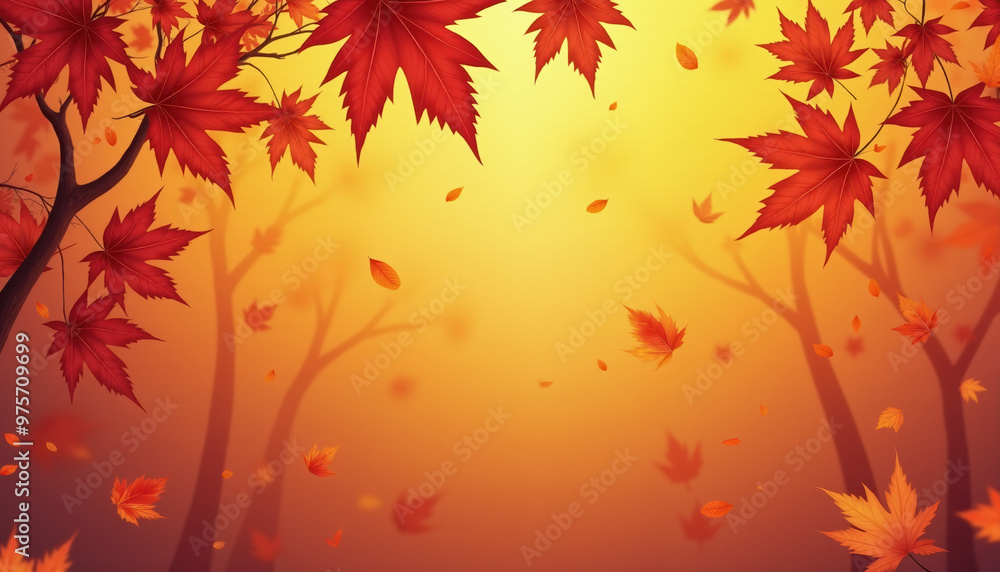Autumn Background with Falling Maple Leaves and Sunset Autumn Background with Falling Maple Leaves and Sunset