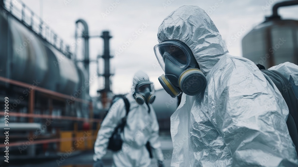 Emergency workers in hazmat suits responding to an LPG gas leak in an industrial plant Emergency workers in hazmat suits responding to an LPG gas leak in an industrial plant