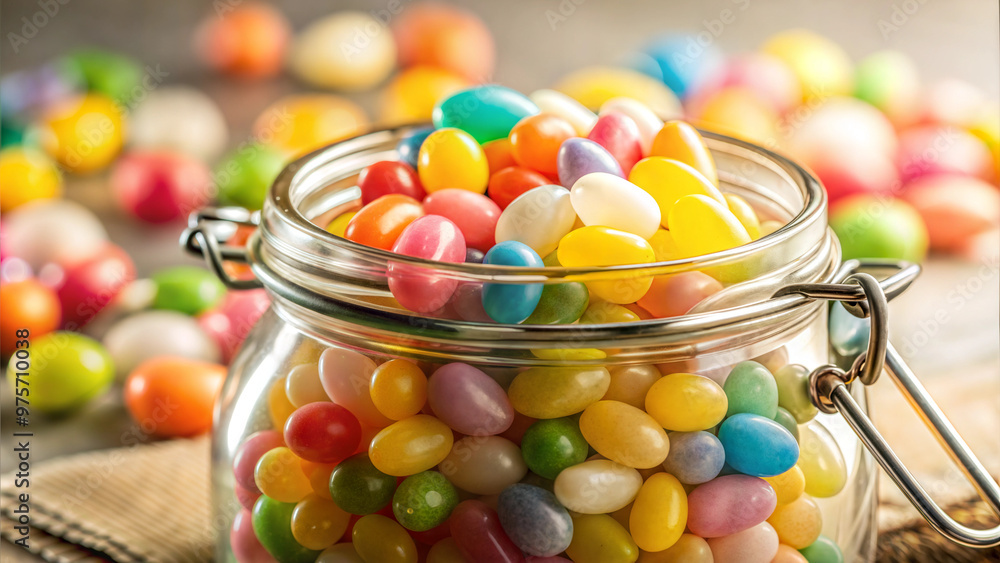 Glass jar filled with colorful jelly beans, cheerful mood, on a textured surface Glass jar filled with colorful jelly beans, cheerful mood, on a textured surface