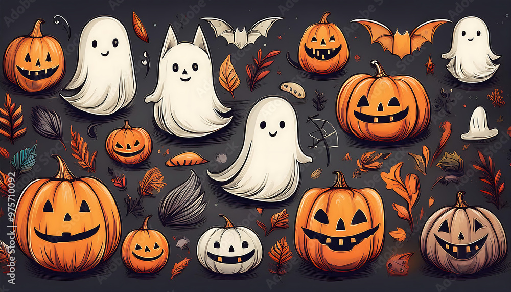 Halloween elements, including ghosts, pumpkins, bats, and a cat in a hand-drawn style, perf_1(528) Halloween elements, including ghosts, pumpkins, bats, and a cat in a hand-drawn style, perf_1(528)