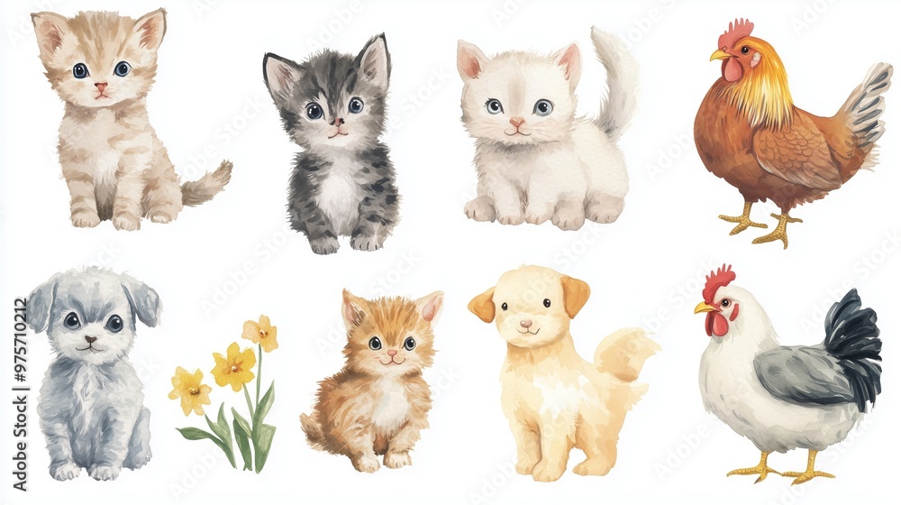 Fototapeta premium Water colour images of cute animals such as cats, puppies, dogs, and chickens are suitable for making stickers or make children book 