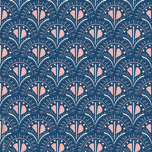 Abstract scallop seamless pattern. Boho style arch decoration endless background. Folk repeat cover. Blue and pink organic shapes continuous ornament.Vector hand drawn flat illustration.