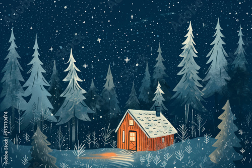 Cozy winter cabin night