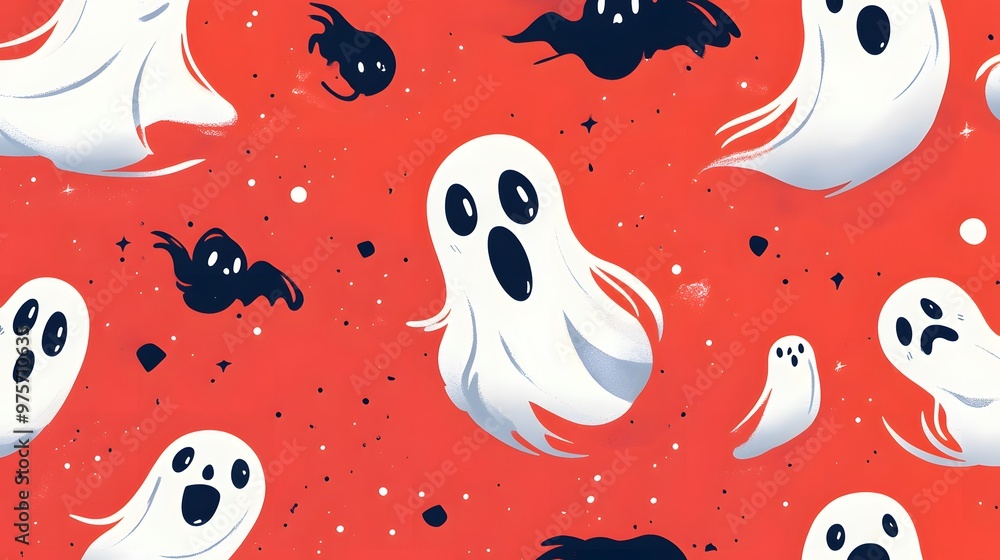 cute cartoon ghosts floating on red background, spooky pattern with bats and stars cute cartoon ghosts floating on red background, spooky pattern with bats and stars
