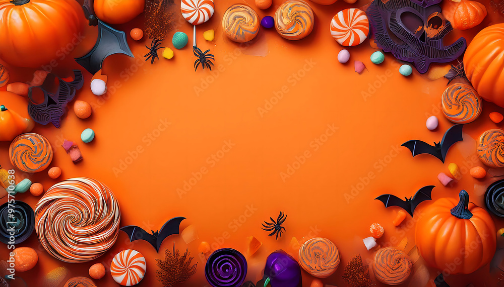 Halloween frame of candy and decor, arranged on an orange background, with space for te_1(533) Halloween frame of candy and decor, arranged on an orange background, with space for te_1(533)