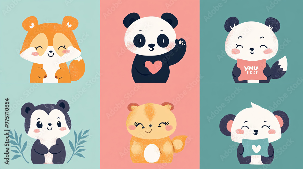 Cute Animals Set With Hearts and Love Cute Animals Set With Hearts and Love